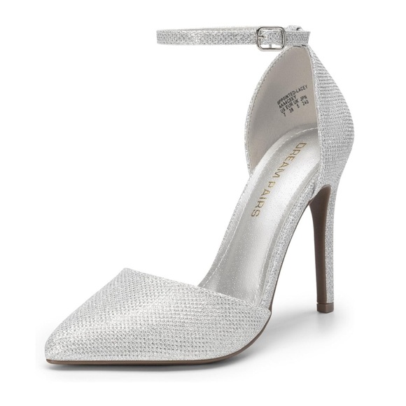 NWT Dream Pairs Silver Pumps Oppointed Lacey Pointed Toe Shoes w/Ankle Strap - 8 - Picture 1 of 16